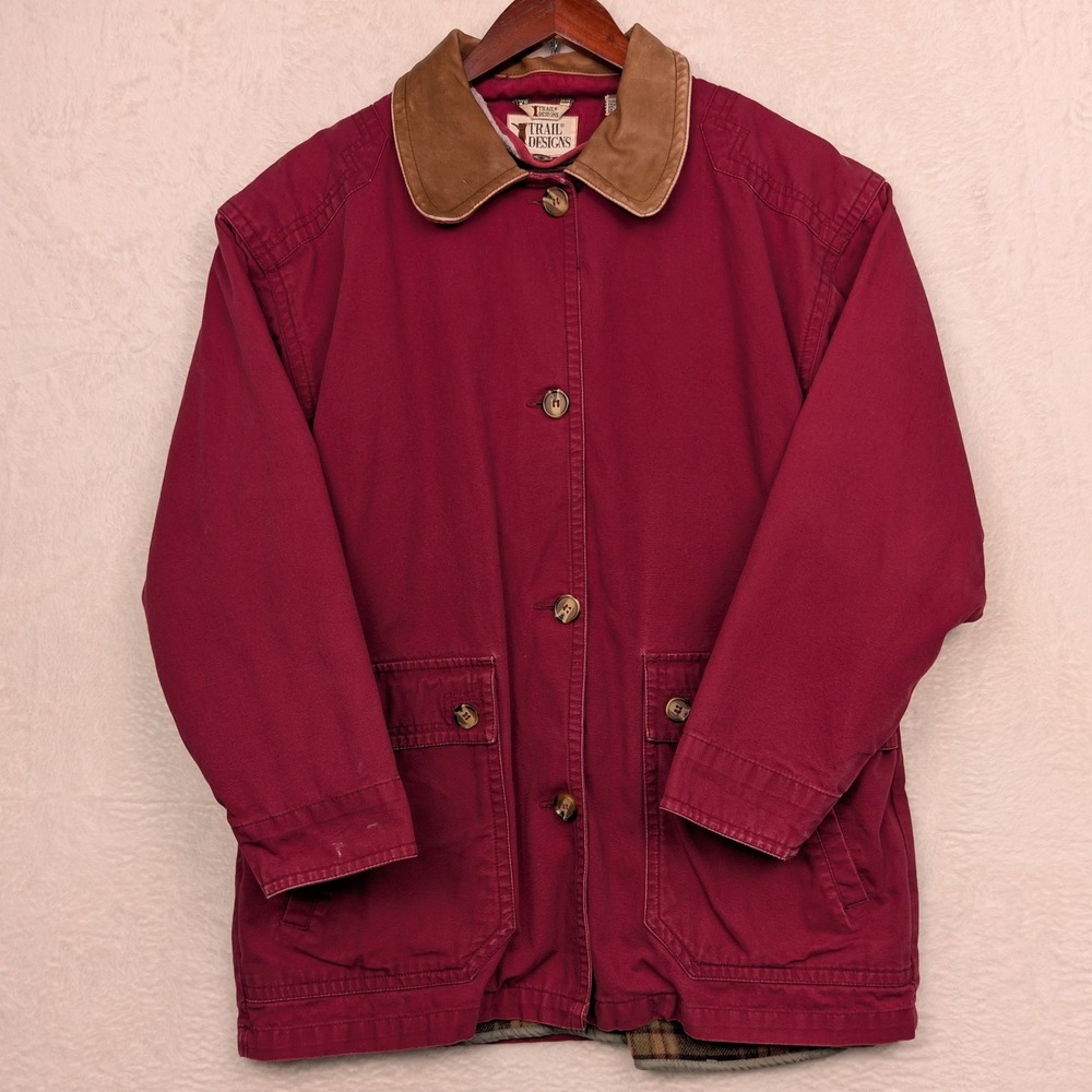 VTG Trail Designs Jacket Men's M Burgundy Barn Coat Leather Collar Workwear 90s